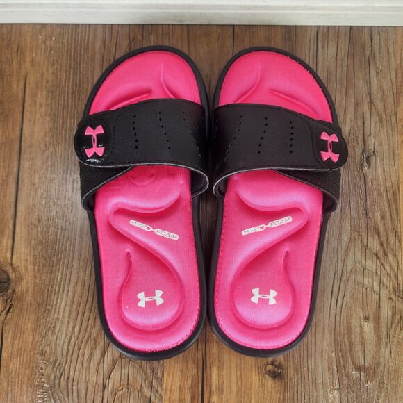 Under Armour Ignite VI Slides Youth Size 2Y Black Pink Adjustable Strap Sandals - Picture 6 of 9